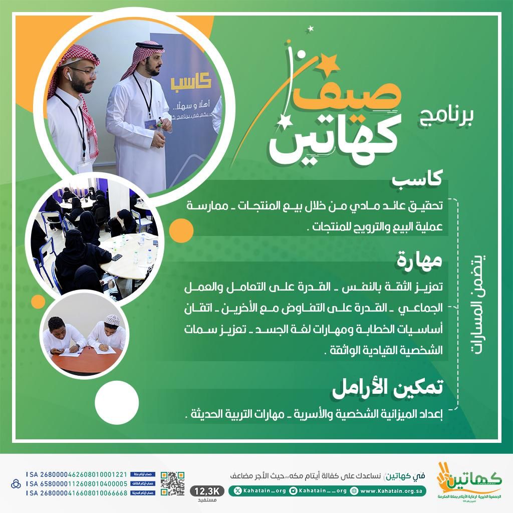 انطلاق "صيف كهاتين" والذي يستهدف 300 مستفيد من الجمعية الخيرية لرعاية الأيتام بمكة المكرمة "كهاتين